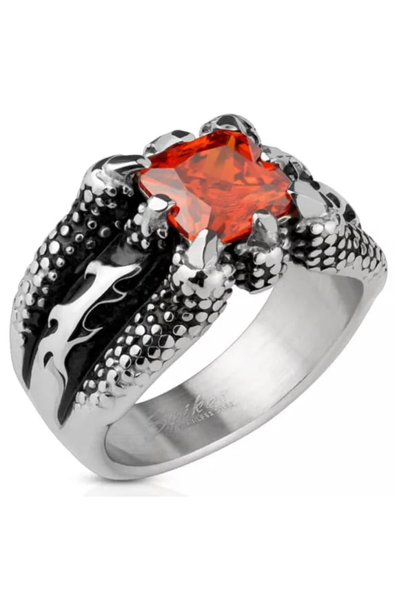 Mens Dragon Claw Ring Red Cubic Zirconia Stainless Steel Fantasy Band Sizes 9-13-10