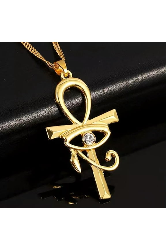 Mens Egyptian Gold Eye of Horus Ankh Cross Pendant Necklace Punk Jewelry 22"