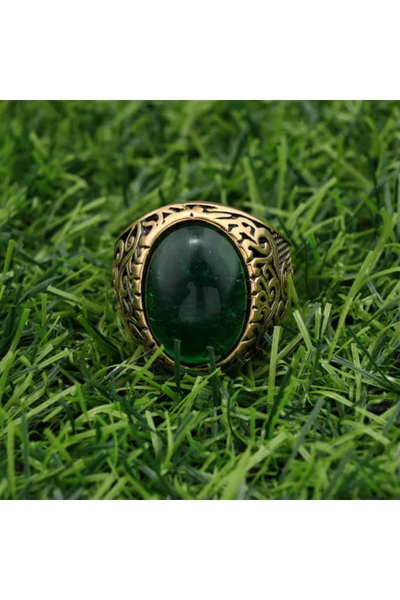 Mens Gold Plated Green Cats Eye Stone Ring Men Stainless Steel Size 7-13-9-Green
