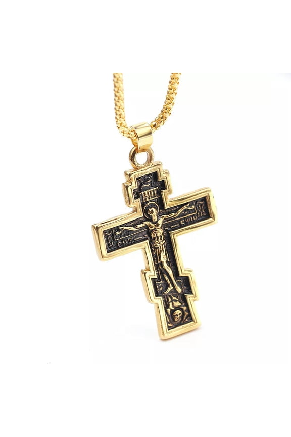 Mens Gold Russian Orthodox Cross Pendant Necklace Biker Jewelry Rope Chain 24"
