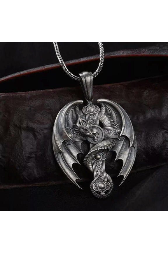 Mens Gothic Punk Skull Dragon Wing Cross Pendant Necklace Silver Rope Chain 24"