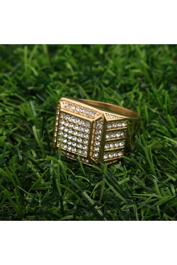 Mens Iced Pinky Ring Cz Band 14k Gold Plated Hip Hop Jewelry Gift 7-13-12-Gold