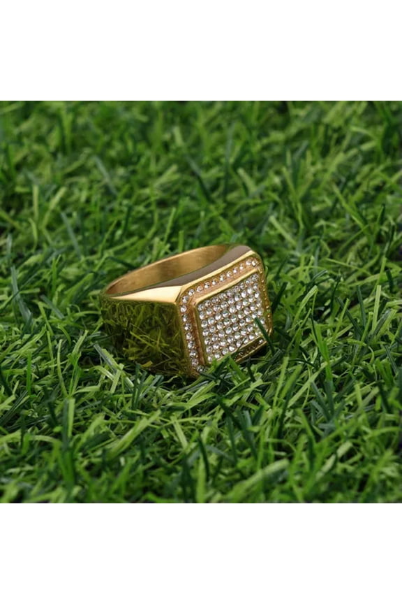 Mens Iced Pinky Ring Cz Band 14k Gold Plated Hip Hop Jewelry Gift Size 7-13-7-Gold