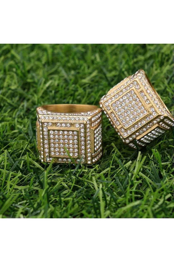 Mens Large Iced CZ Square Pinky Ring Band 14k Gold Plated Hip Hop Fashion Gift-8