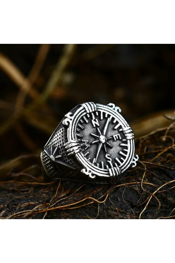 Mens Nordic Viking Rune Vegvisir Compass Ring Stainless Steel Size 7-13-A-13