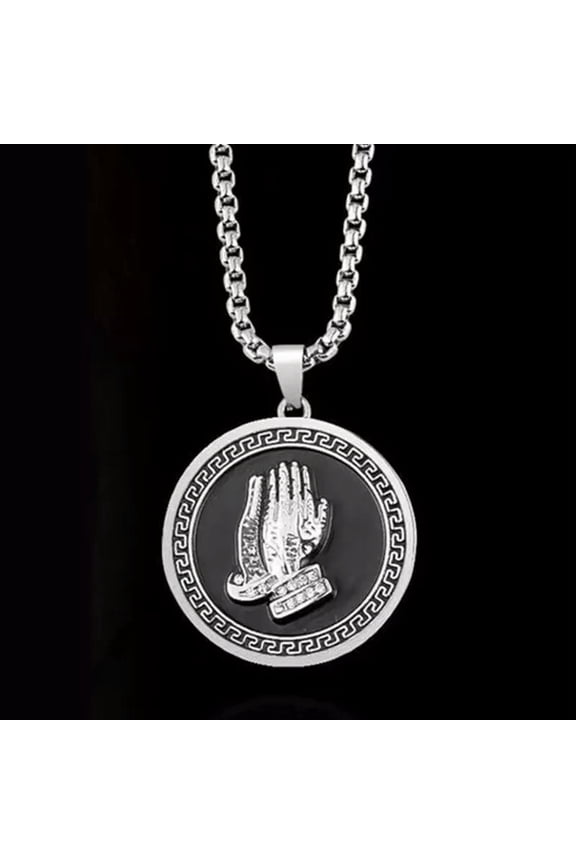Mens Praying Hands Pendant Lord's Prayer Necklace Stainless Steel Box Chain 24"