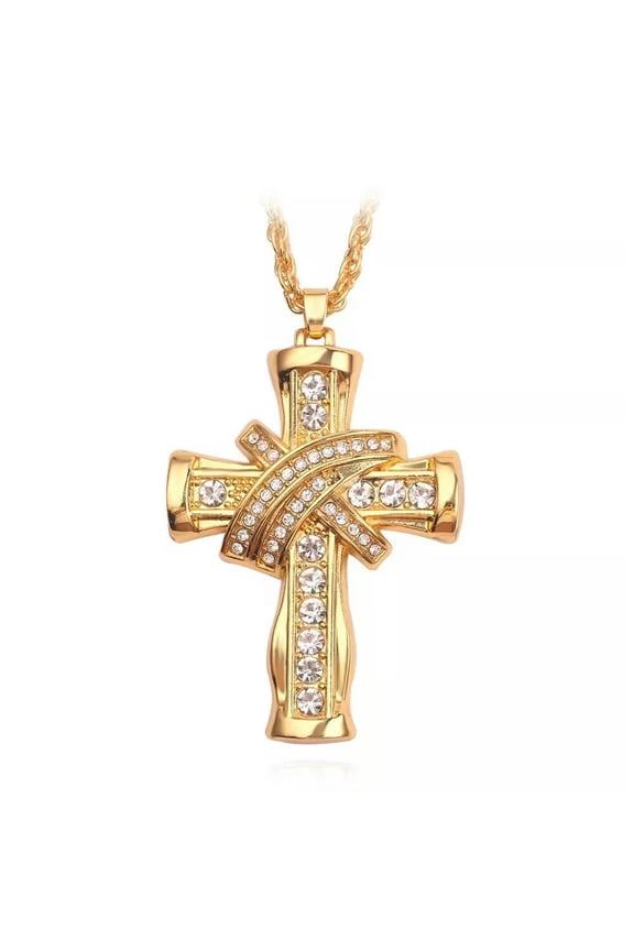 Mens Punk Gold Plated CZ Cross Pendant Necklace Hip Hop Rock Jewelry Chain 28"