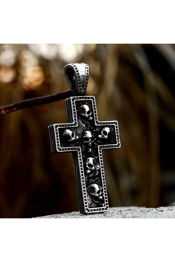 Mens Punk Gothic Skull Cross Pendant Necklace Retro Rock Jewelry Stainless Steel