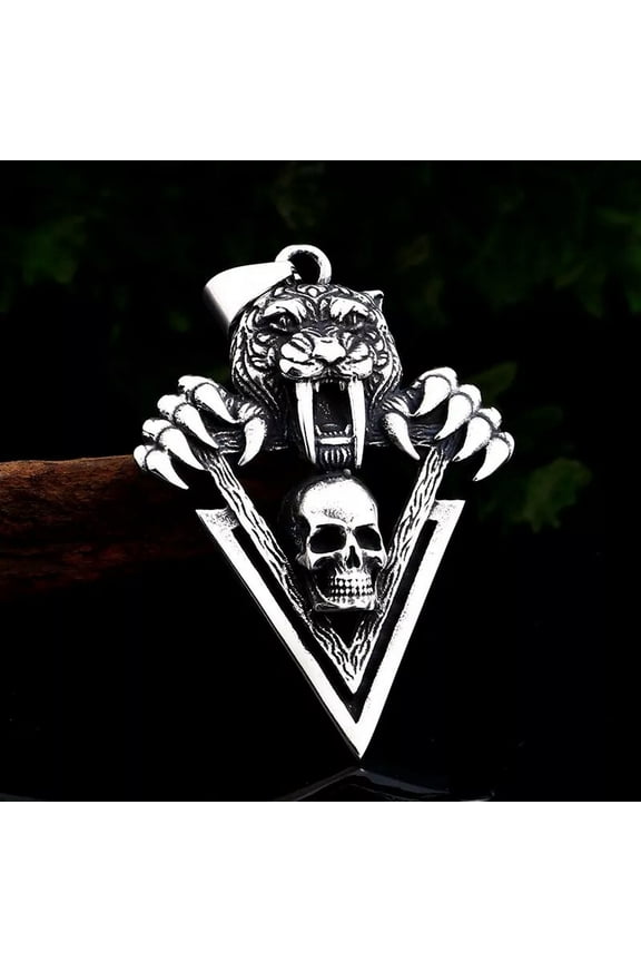 Mens Punk Gothic Tiger w. Skull Pendant Necklace Rock Biker Jewelry Chain 24"