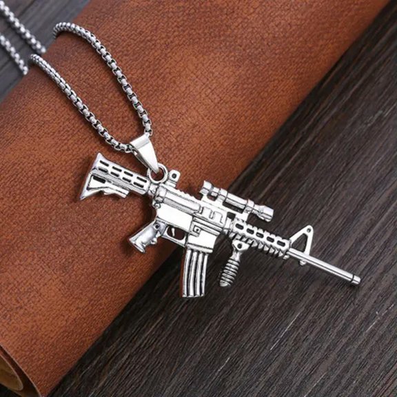 MATROOY Mens Punk Machine Gun Pendant Necklace Hip Hop Rock Biker Jewelry Box Chain 24"-Silver
