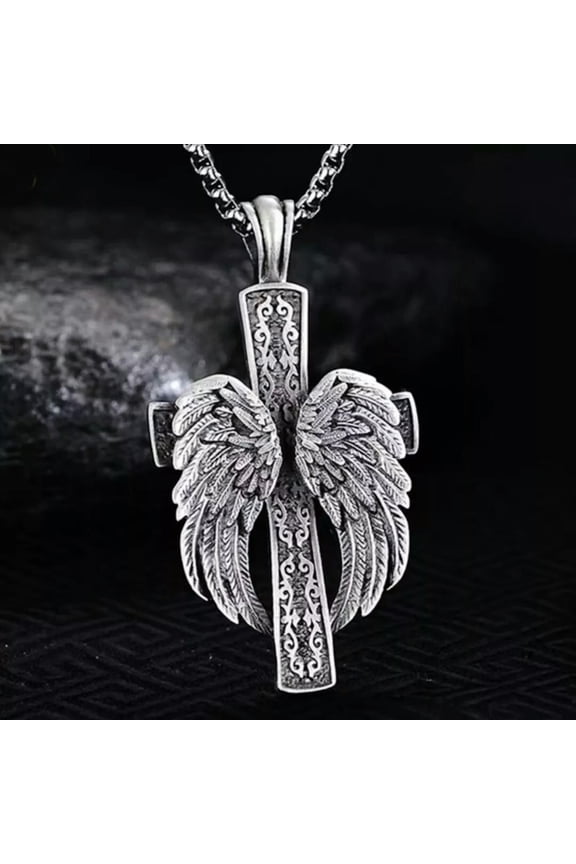 Mens Punk Retro Silver Winged Cross Pendant Necklace Christian Jewelry Chain 24"
