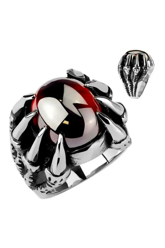 Mens Red Cubic Zirconia Stone Dragon Claw Ring Stainless Steel Band Size 9-12-12