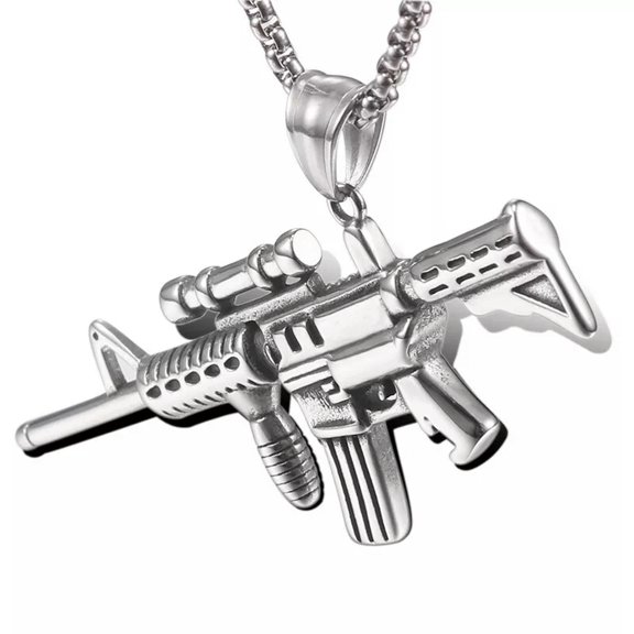 MATROOY Mens Silver Machine Gun Pendant Necklace Punk Rock Biker Jewelry Box Chain 24"