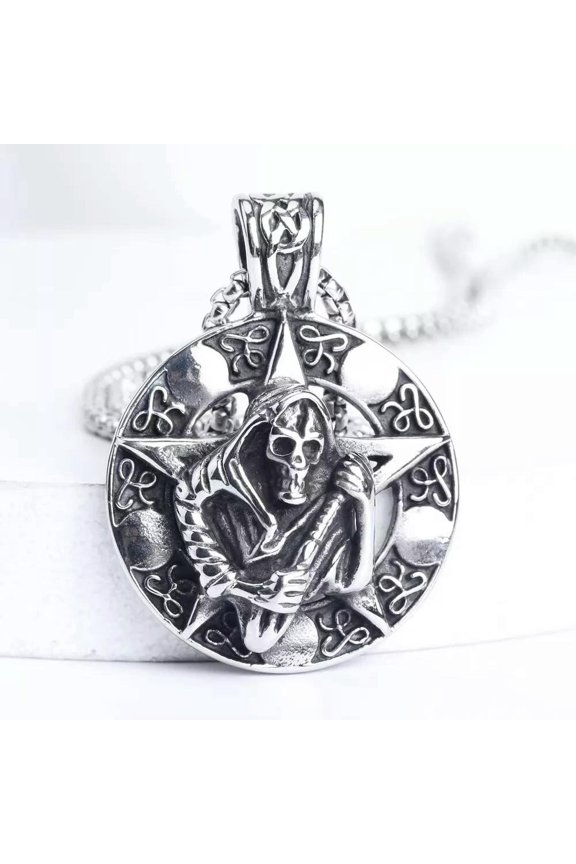 Mens Silver Skull Grim Reaper Death Scythe Pendant Punk Rock Necklace Chain 24"
