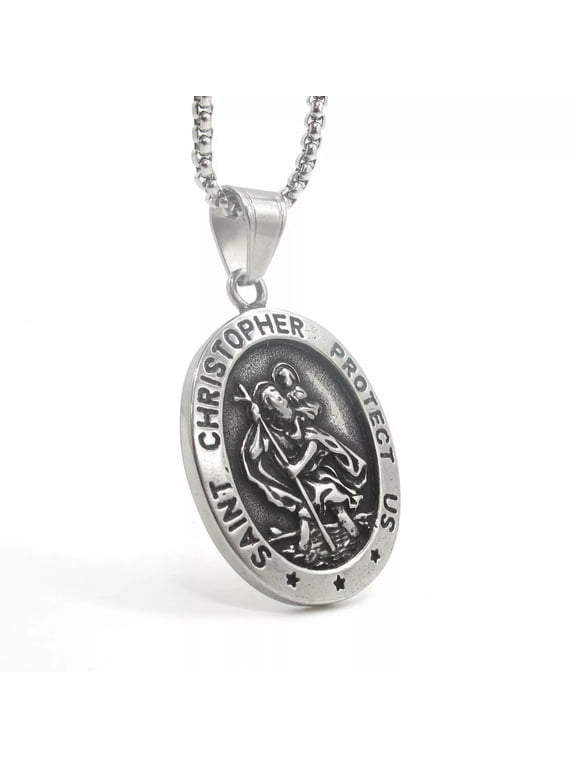 Mens St Saint Christopher Medal Pendant Necklace Stainless Steel Amulet Gift