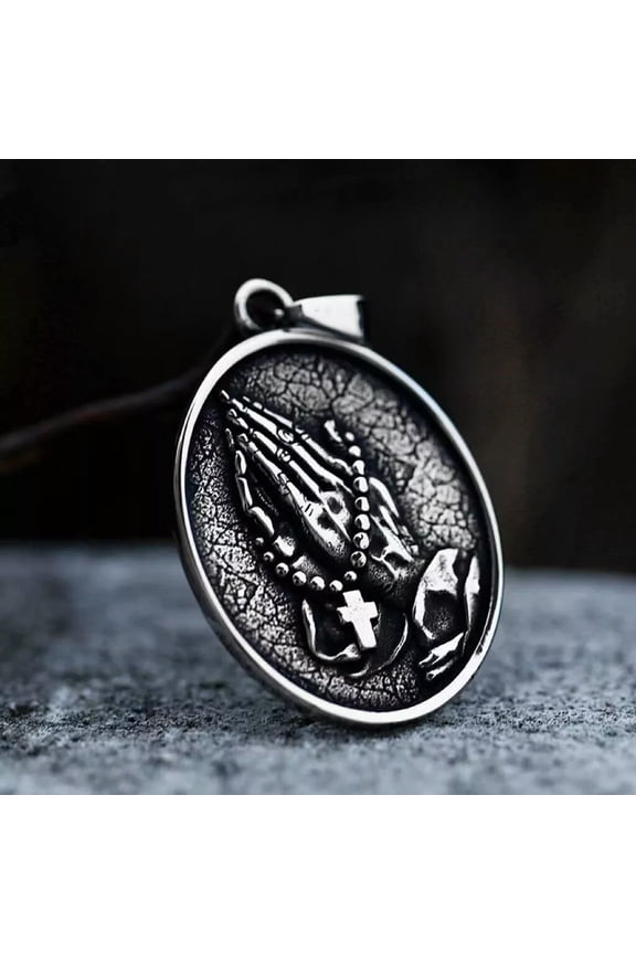 Mens Stainless Steel Praying Hands with Rosary Cross Pendant Necklace Chain 24"