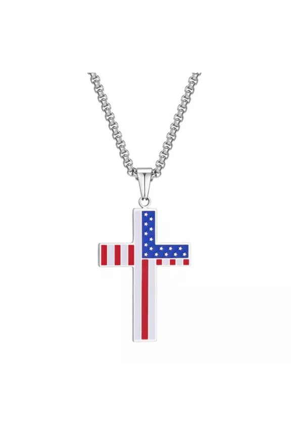 Mens Stainless Steel Wrench Rosary Double Cross Pendant USA Flag Cross Necklace-USA Flag American Cross-Red