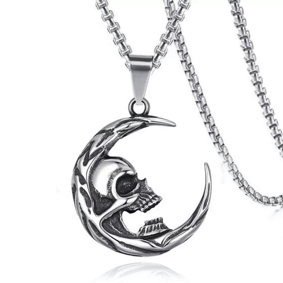 MATROOY Mens Unisex Gothic Punk Skull Moon Pendant Necklace Rock Biker Jewelry Chain 24"