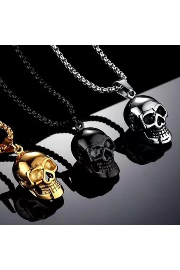 Mens Unisex Gothic Punk Skull Pendant Necklace Retro Biker Jewelry Box Chain 24"-Gold
