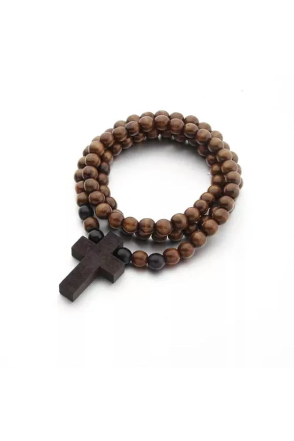 Mens Unisex Small Cross Wood Pedant Christian Necklace Wooden Ball Chain 26"-Coffee