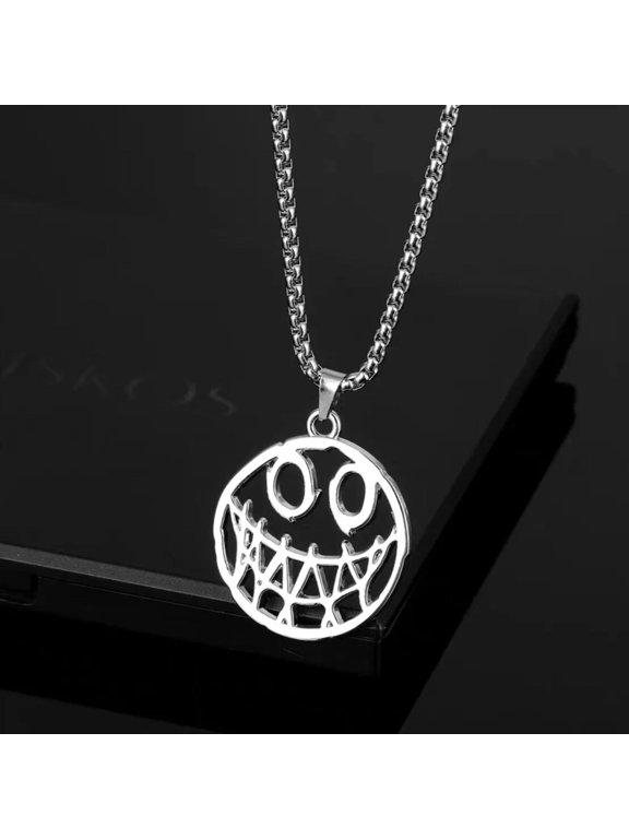 Mens Womens Silver Evil Smile Face Pendant Necklace Punk Gothic Jewelry 24"