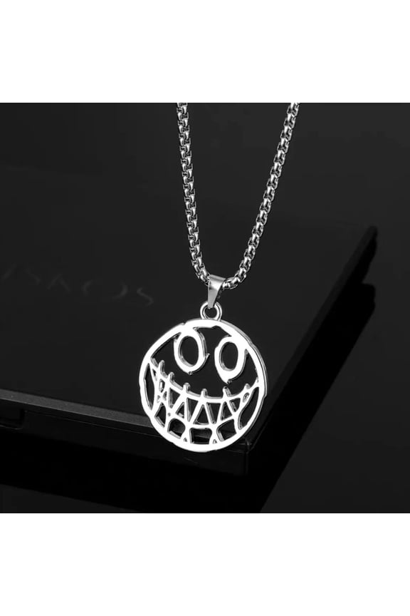 Mens Womens Silver Evil Smile Face Pendant Punk Gothic Biker Necklace Chain 24"