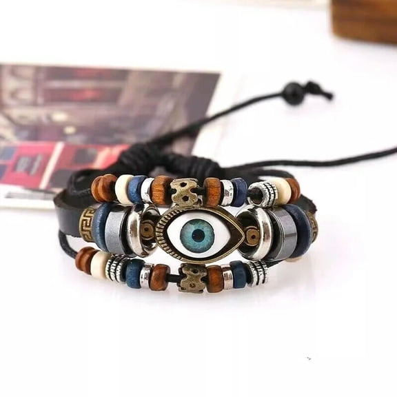 MATROOY Mens Womens Three-Row Leather Black Evil Eye Braided Adjustable Wrap Bracelets
