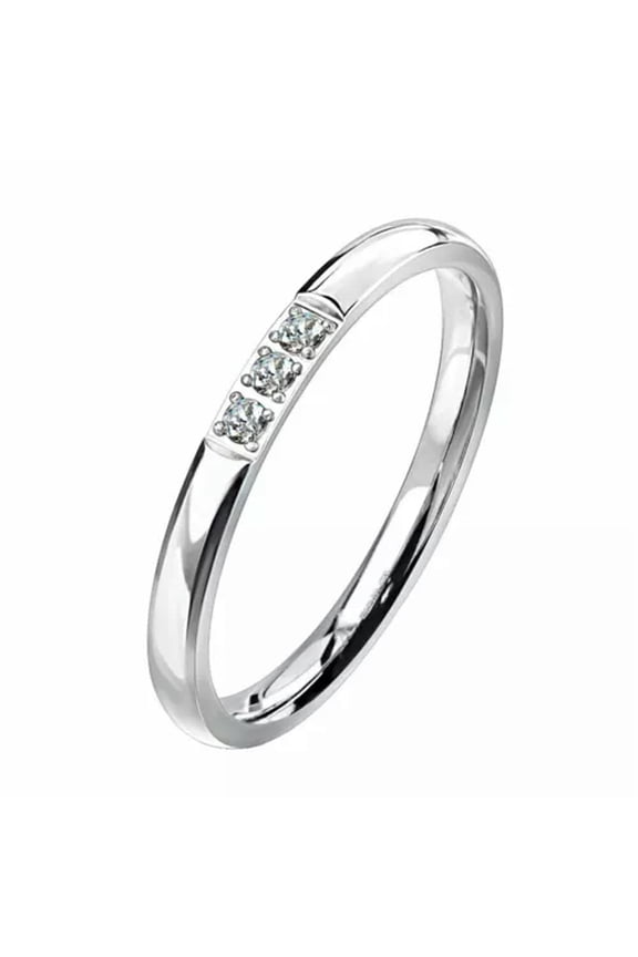 Minimalist Three Stone Anniversary Ring Womens Stainless Steel CZ Promise Band-8