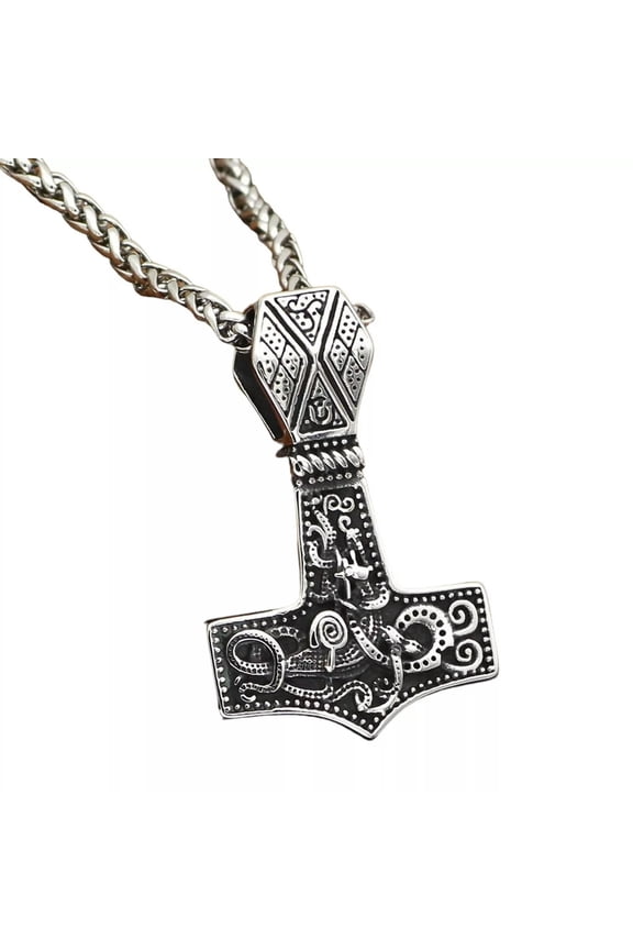 Mjolnir Viking Necklace Silver Stainless Steel Norse Thors Hammer Pendant Chain