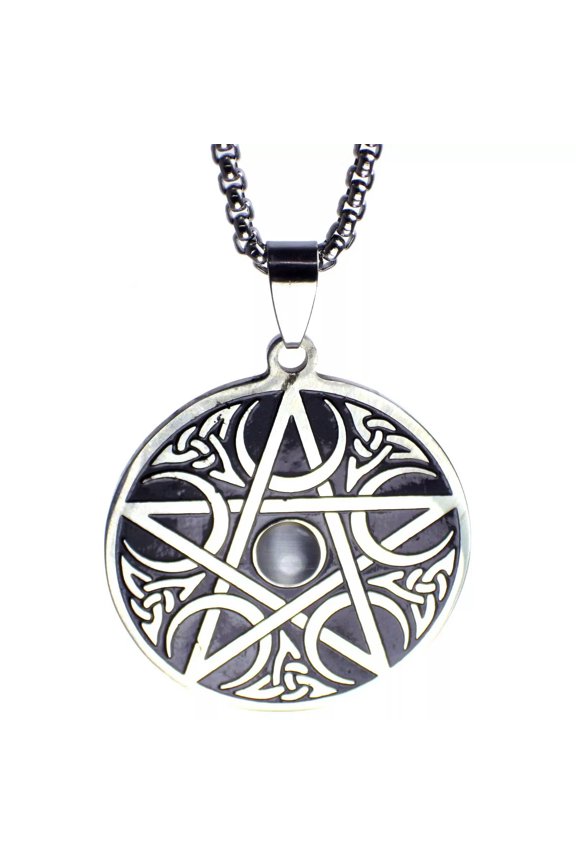 Moon Pentacle Pendant Stainless Steel Crescent Star Protection Necklace