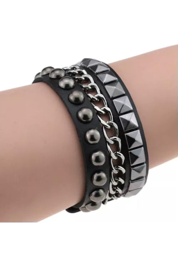 Multilayers Rivet Chains Gothic Punk Wide Cuff Leather Bangle Bracelets Jewelry-Black