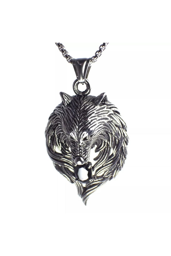 Mystical Wolf Necklace Silver Stainless Steel Wolves Pendant and Round Box Chain