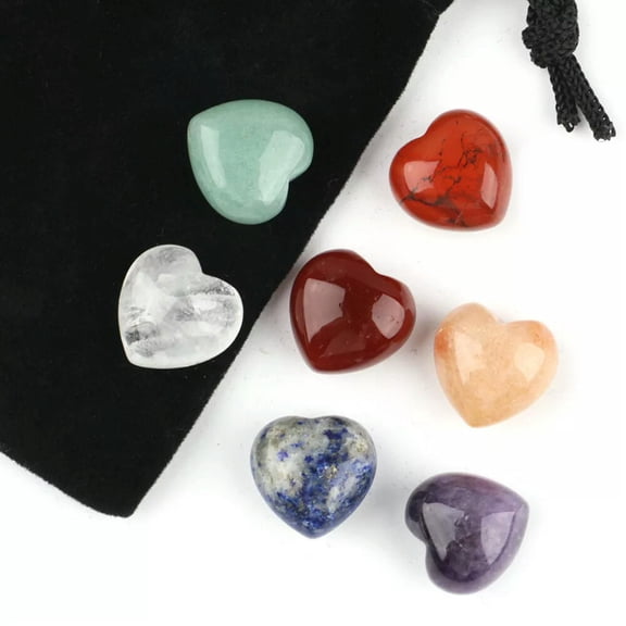 MATROOY Natural 7 Chakra Yoga Energy Love Heart Carved Stone Set Reiki Healing Crystal