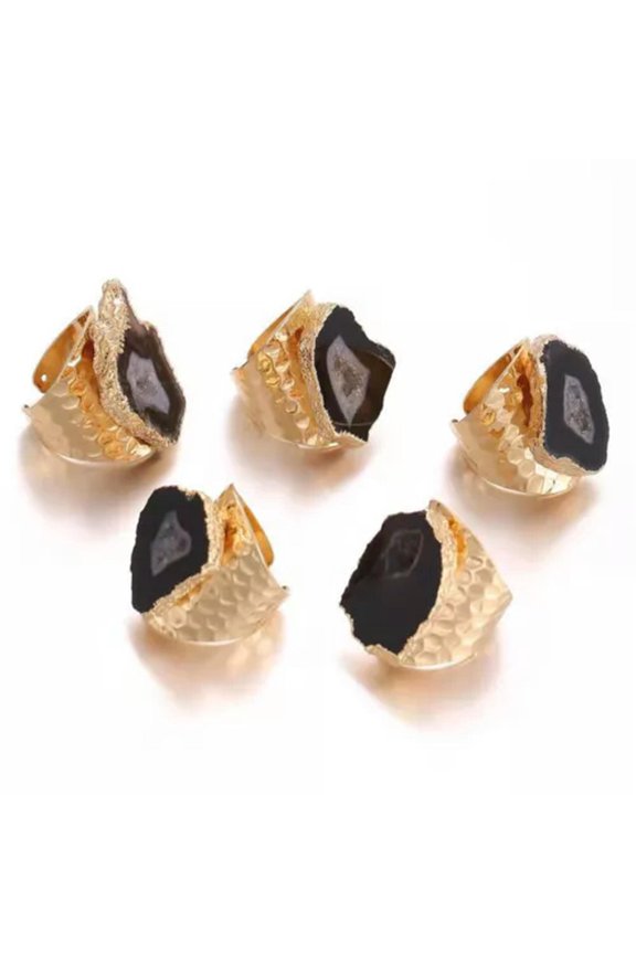Natural Agates Geode Stone Finger Rings Adjustable Raw Agate Quartz Ring Opening-Black
