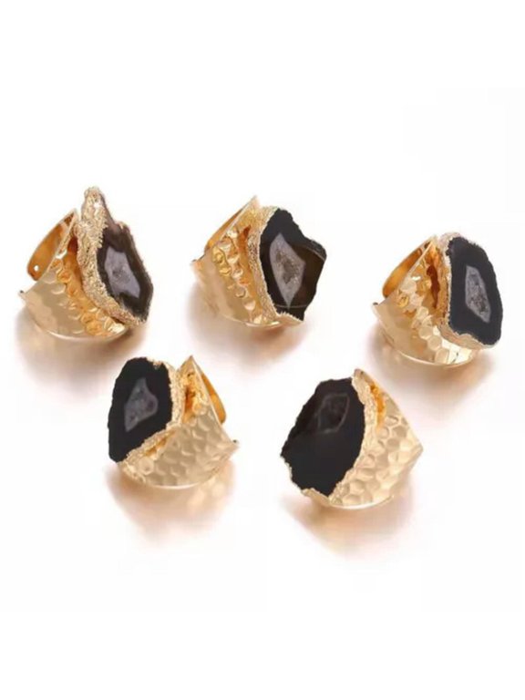Natural Agates Geode Stone Finger Rings Adjustable Raw Agate Quartz Ring Opening-Black
