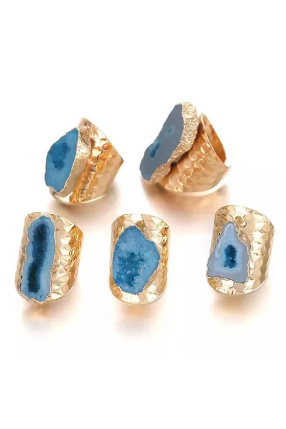Natural Agates Geode Stone Finger Rings Adjustable Raw Agate Quartz Ring Opening-Blue