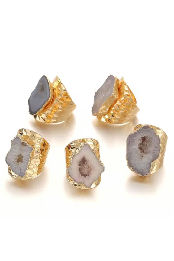 Natural Agates Geode Stone Finger Rings Adjustable Raw Agate Quartz Ring Opening-Gray