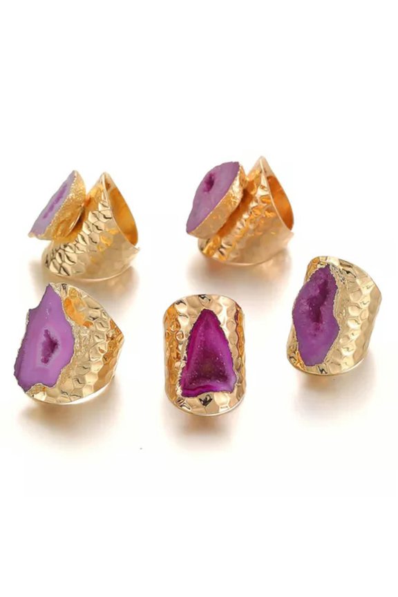 Natural Agates Geode Stone Finger Rings Adjustable Raw Agate Quartz Ring Opening-Pink