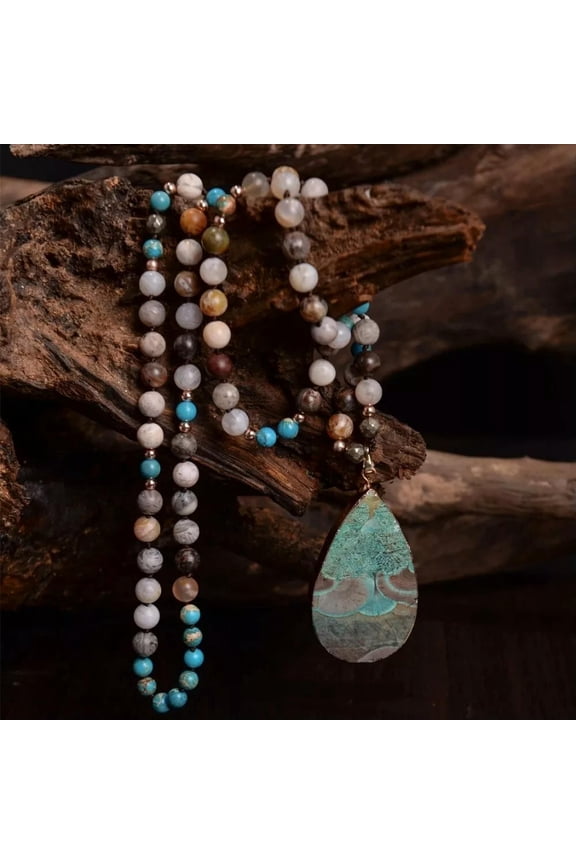 Natural Amazonite Gemstone Mala Beads Healing Meditation Long Women Men Necklace
