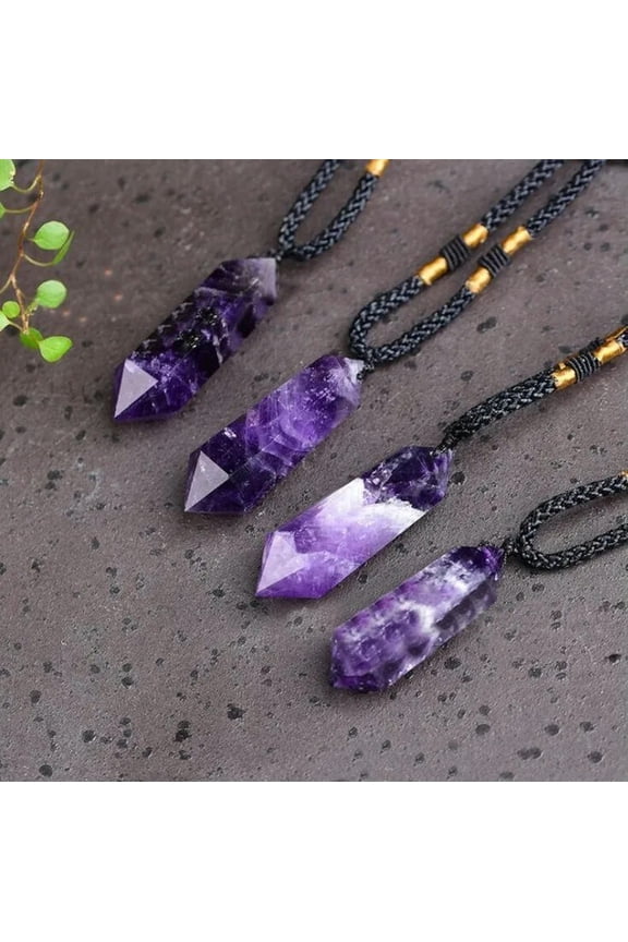Natural Amethyst Crystal Hexagonal Point Pendant Healing Reiki Amulet Necklace