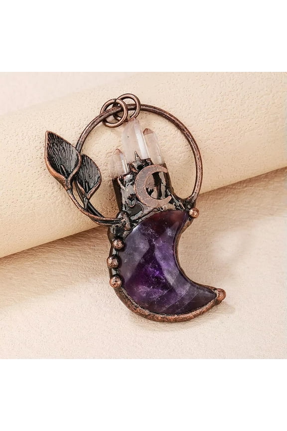 Natural Amethyst Moon Pendant Clear Quartz Point Bronze Bezel Leaf For Necklace