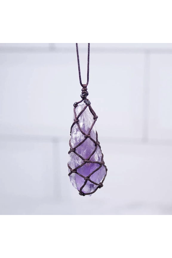 Natural Amethyst Quartz Cluster Crystal Wand Point Pendant Wrap Rope Necklace