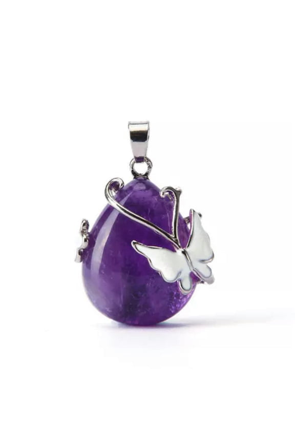Natural Amethyst Rose Quartz Opalite Opal Gem Butterfly Waterdrop Stone Pendant-Amethyst