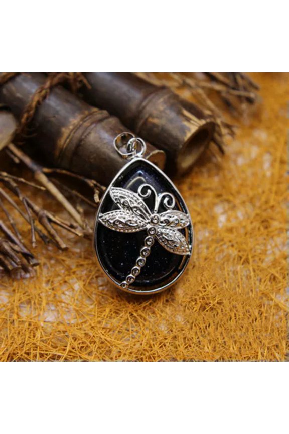 Natural Amethyst Rose Quartz Stone Dragonfly Reiki Healing Amulet Drop Pendant-Blue Sandstone