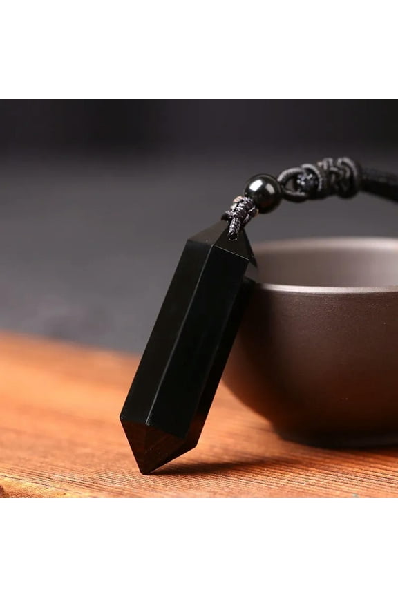 Natural Black Obsidian Hexagonal Point Pendant Healing Amulet Unisex Necklace