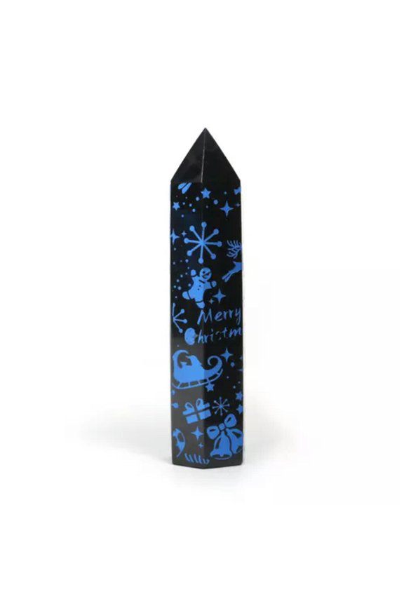 Natural Black Obsidian Point Christmas Pattern Printed Obelisk Tower Xmas Gift-Blue-8~10cm