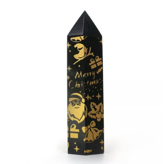 MATROOY Natural Black Obsidian Point Christmas Pattern Printed Obelisk Tower Xmas Gift-Gold-8~10cm