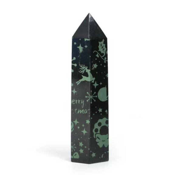MATROOY Natural Black Obsidian Point Christmas Pattern Printed Obelisk Tower Xmas Gift-Light Green-8~10cm