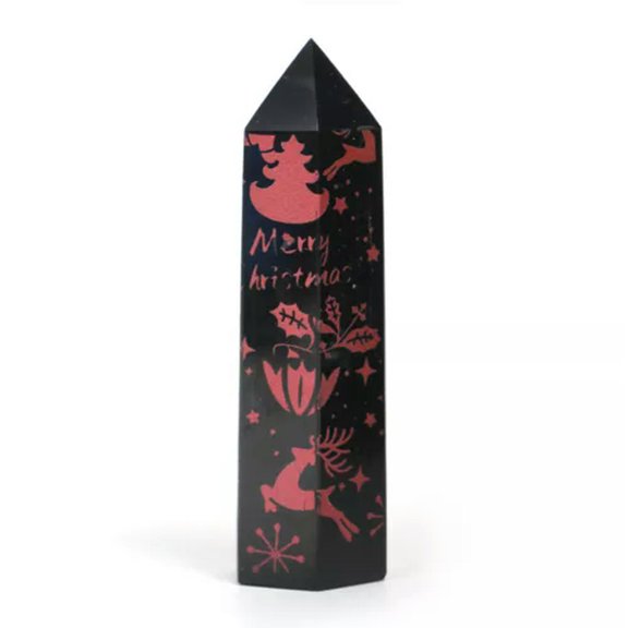 MATROOY Natural Black Obsidian Point Christmas Pattern Printed Obelisk Tower Xmas Gift-Pink-8~10cm