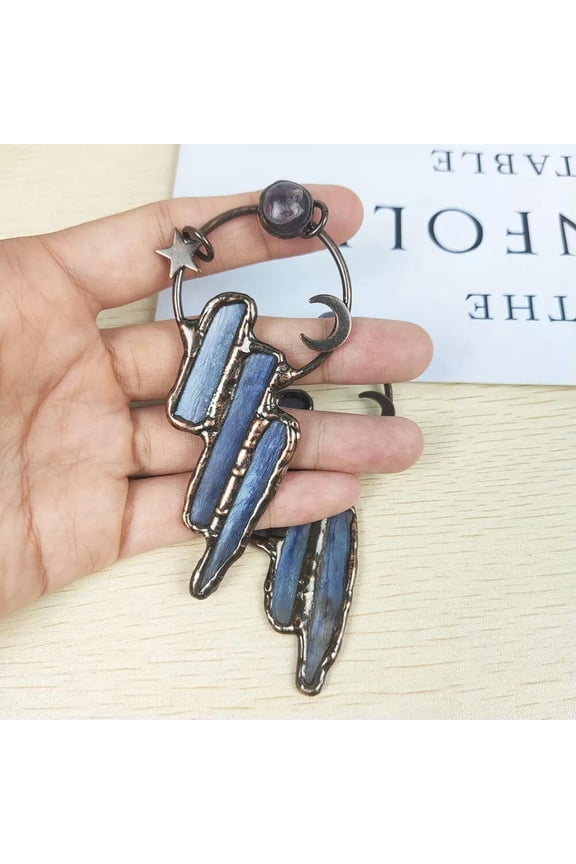 Natural Blue Kyanite Slab Pendant Bronze Moon Star Crystal Bead Amulet Healing
